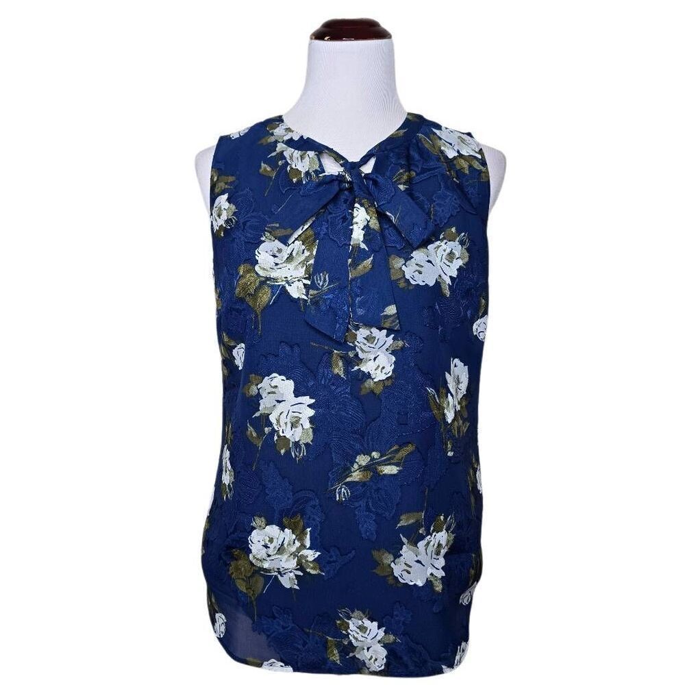 Talbots Navy Blue Floral Sleeveless Blouse with Tie Neck Size Small
